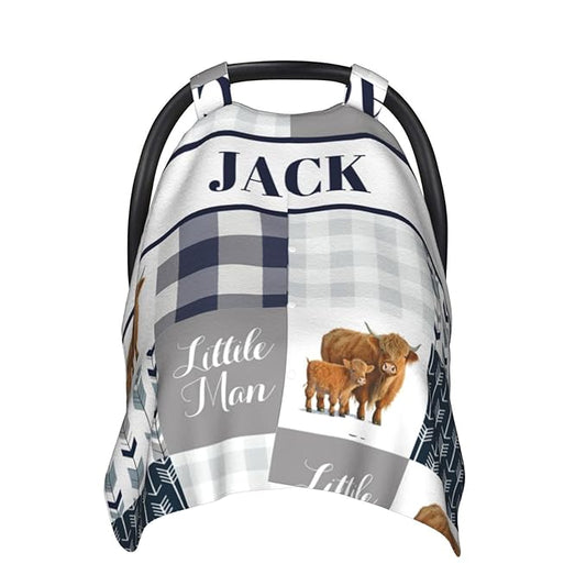 Personalized Baby Car Seat Canopy for Babies, Custom Name Car Seat Covers for Boys and Girls, Opening Minky Nursing Breastfeeding Cover for Infant, Carseat Canopies for Newborn (High Land Cow Blue)