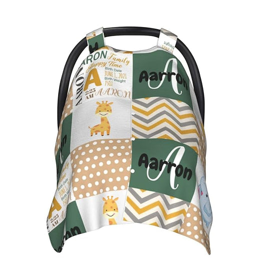 Personalized Zoo Animals Elephant and Giraffe Baby Infant Car Seats Canopy for Babies with Name, Multi-use Blankets for Baby Boys Girls, Peekaboo Minky Nursing Stroller Cover Canopies for Newborn