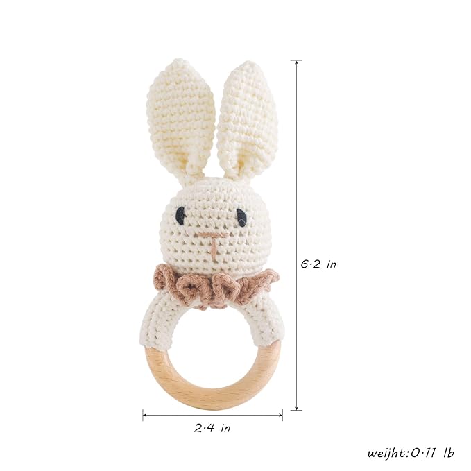 Wooden Baby Rattle，Crochet Bunny Rattle with Wood Ring, Newborn Wooden Animal Rattle Toy，Infant Bunny Wood Rattle Toys