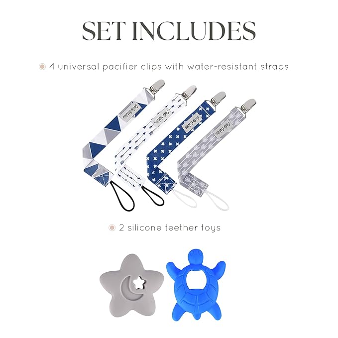 Dodo Babies Pacifier Clip & Teether Toy Set - Universal Pacifier Holder Loop - Silicone Teethers for Baby Teething Toys - 6 Piece Set, Blue & Gray