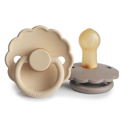 FRIGG Daisy Natural Rubber Baby Pacifier | Made in Denmark | BPA-Free (Croissant/Portobello, 0-6 Months) 2-Pack