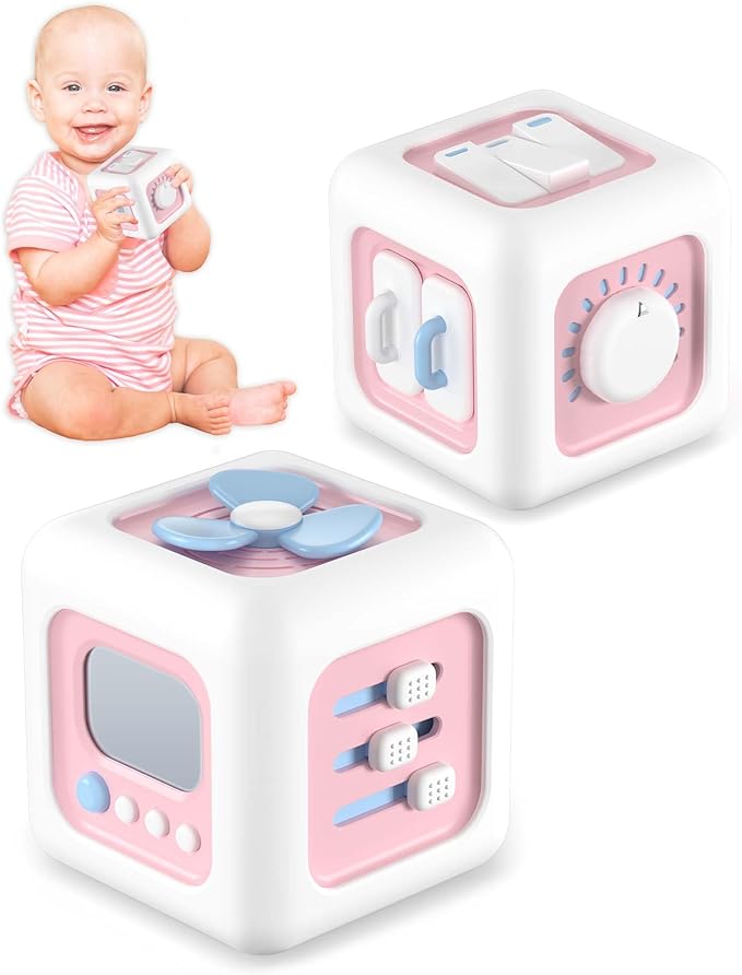 Kidific 6 in 1 Busy Cube Montessori Toys for 1 Year Old Girl, Baby Sensory Toys for Ages 1-3, Toddler Learning Activities Travel Toy Birthday Gift for 1 2 3 Year Old Girl -Pink