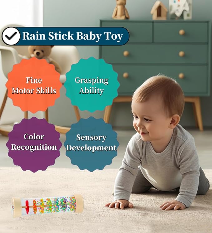 Oneshow Wooden Rain Stick Montessori Toys for Babies, Rainmaker Rain Sticks for Kids, Toddler Rattle Sensory Musical Toy with Calming Rain Sounds - 7.7"