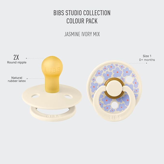 BIBS Pacifiers - Studio 2 Pack | Round Nipple Baby Pacifier | BPA Free Natural Rubber Latex Soother | Made in Denmark | Size 0+ Months | Jasmine Ivory Mix