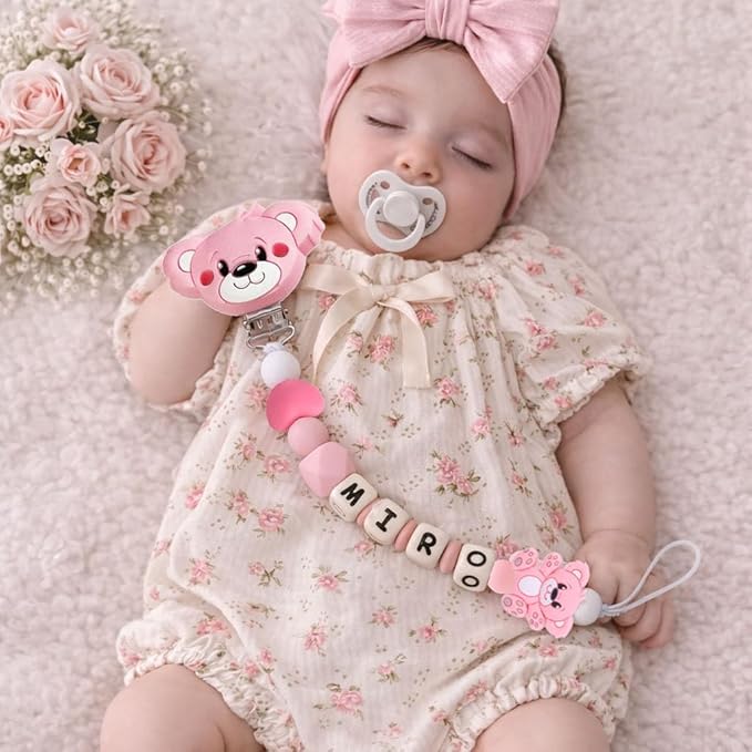 Personalized Baby Pacifier Clips with Name Personalized Stroller Clip Teddy Bear Baby Gifts (Bear)