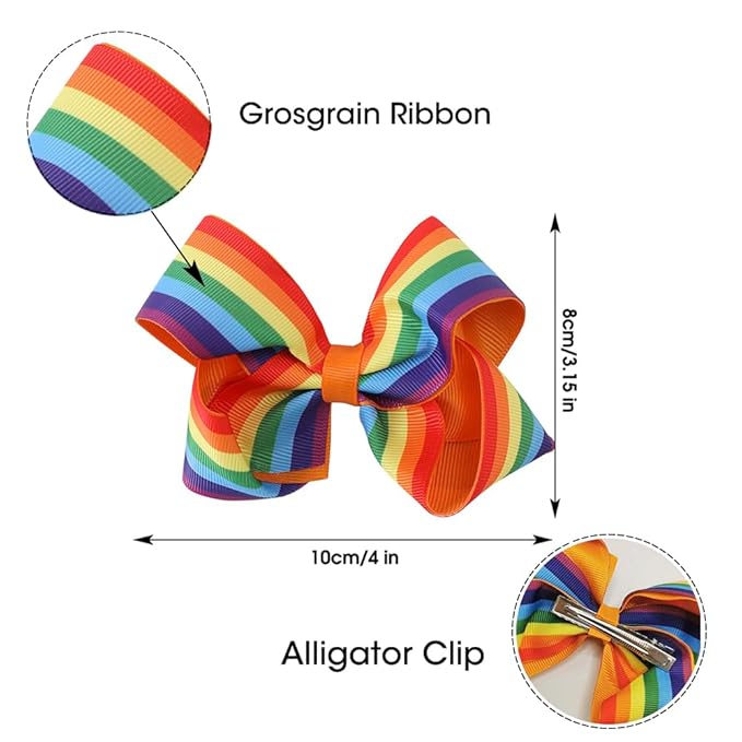 JIAHANG Baby Girls Grosgrain Ribbon 4 Inch Hair Bow Headband and Alligator Clips Set, Rainbow Color Hair Bow Accessories for Children Toddler School Girls 4Pcs Gift Set(Rainbow1)