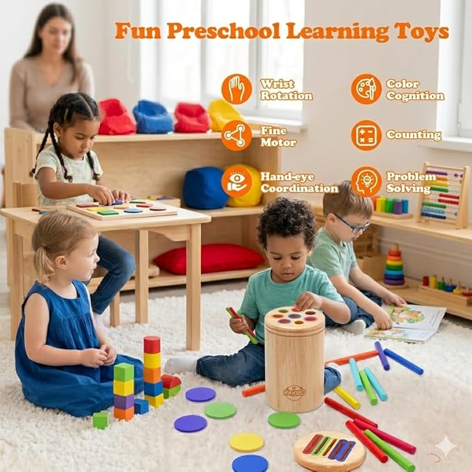 Montessori Color Sorting Toy for Toddlers Ages 1-5 – Wooden Fine Motor Skills Toy with Pegs, Sticks, Lids & Discs – Sensory Educational Activity – Gift-Ready in Box Learning Toy