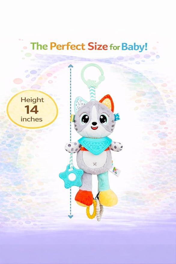Balibazoo Luka The Cat Hanging Baby Toy – Soft Plush Sensory Toy with 4 BPA-Free Silicone Teethers, Crinkle Ears & Hidden Bell | Clip for Stroller, Car Seat, and Carrier | Developmental Toy 0-24M