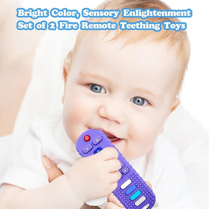 2-Pack Silicone Baby Teething Toys, TV Remote Teethers for 6-12-18 Months Infant, Fire Stick Remote Control Shape Baby Silicone Teethers, Chew Toys for Boys and Girls (New-F Black+R Purple)