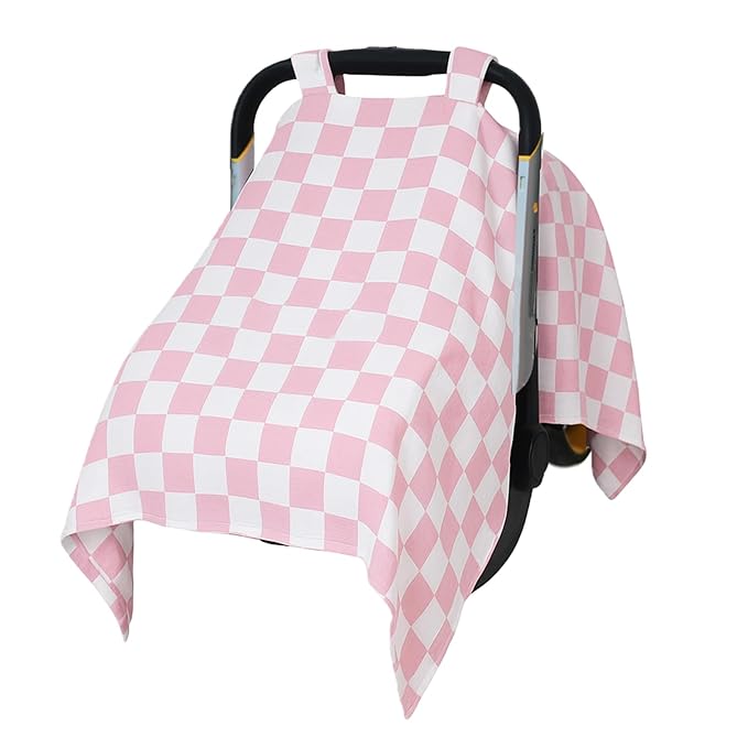 Muslin Car Seat Cover for Babies - Pink & White Plaid Infant Carrier Canopy, Soft & Breathable Baby Carseat Cover, Lightweight Sunshade for Summer, Universal Fit for Boys & Girls