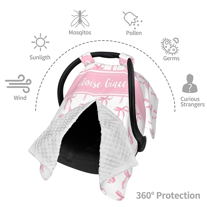 Personalized Baby Car Seat Canopy with Name – Custom Pink Bow Minky Nursing Cover for Girls, Soft Stroller Cover for Infants & Newborns, Carseat Canopy for Breastfeeding