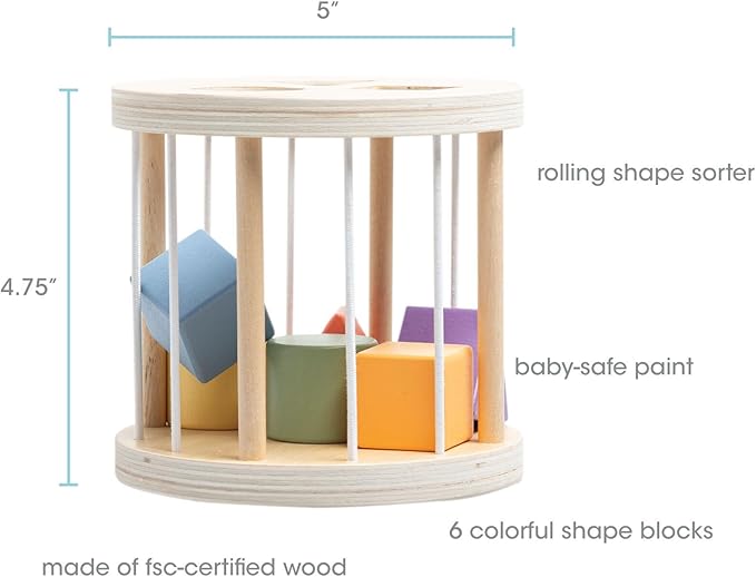 Pearhead Wooden Match and Roll Shape Sorter - Montessori Early Learning Toy, Rolling Toddler Toy, Educational Wooden Color Sorting Cylinder for Fine Motor and Early STEM Skills, Ages 12m+