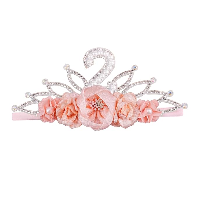 cherrboll Baby Girl Birthday Crown Floral Headband, Soft Flower Head Wrap Tiara Hairband for 1-3 Years Old Toddlers Kids 2nd Birthday Party Dress Photo Decoration