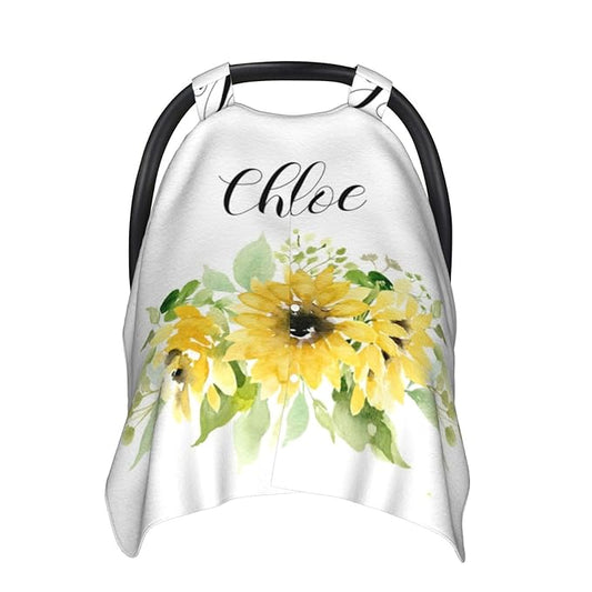 Custom Baby Car Seat Canopy with Name, Personalized Stroller Baby Car Seat Covers for Boys Girls, Minky Nursing Carseat Cover for Breastfeeding, Car Seat Canopies for Infant Newborn(Sunflower)