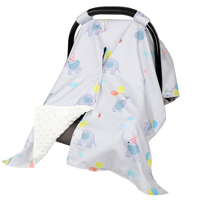 Baby Car Seat Cover, Peekaboo Opening Spring Car Seat Canopy for Baby Girls Boys, Mom Nursing Breastfeeding Covers, Blanket for Infant, Balloon Elephant (Grey)