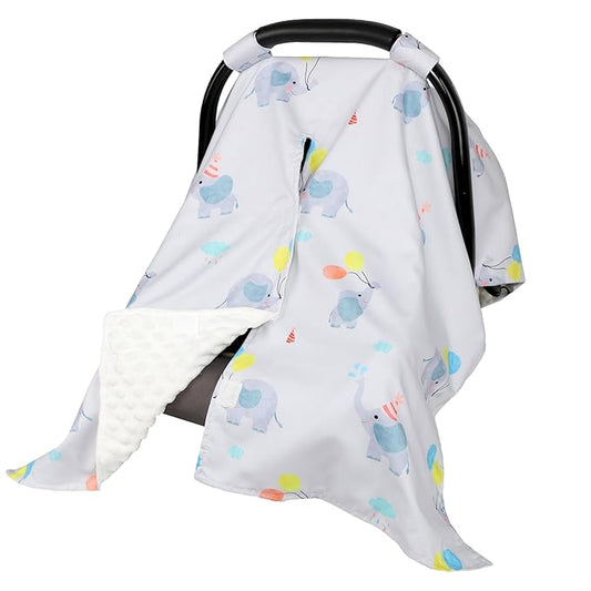 Baby Car Seat Cover, Peekaboo Opening Spring Car Seat Canopy for Baby Girls Boys, Mom Nursing Breastfeeding Covers, Blanket for Infant, Balloon Elephant (Grey)