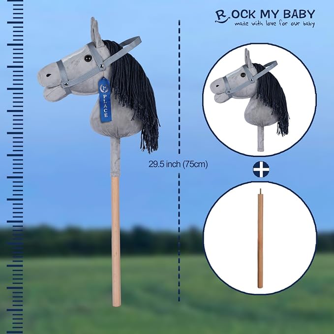 ROCK MY BABY Hobby Horse Plush Stuffed Stick Horse with Award Ribbon for Boys and Girls 3+ Fun Toys for Pretend Play (Gray) CPC Certified