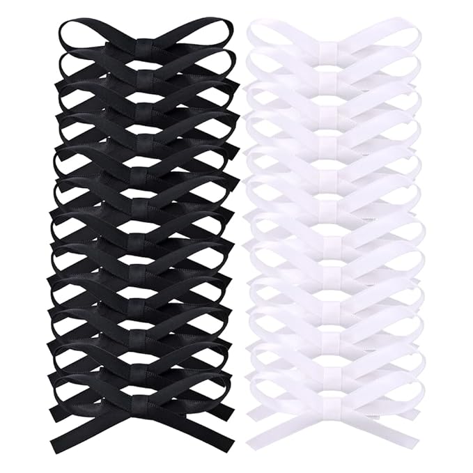 24 PCS Small Hair Ribbon Bow Fully Lined Clips for Girls Women Toddler Baby Youth Playful Hairpins Decoration Satin Bows (Black and White)