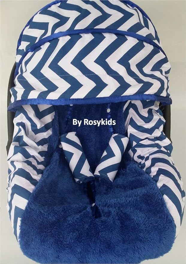 Rosy Kids Infant Carseat Canopy Cover 3pc Whole Caboodle, Baby Car Seat Cover Outdoor Kit, Cotton Chevron Print, Navy Blue