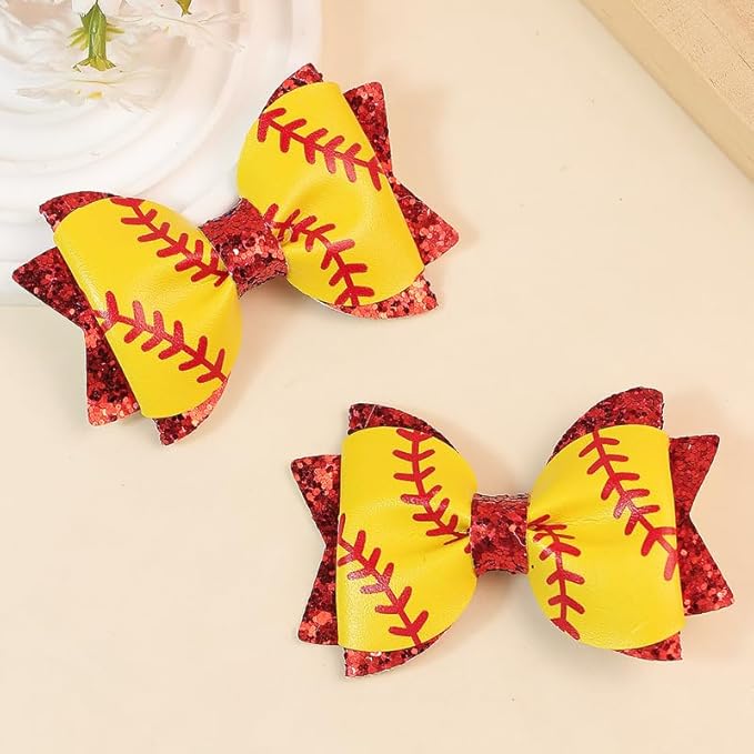 Baby Girl Hair Bow Clips Sports Hair Bow Clips, Baseball Softball Football, Faux Leather Glitter Sequin, 6 Pack, Girls Cheerleading Game Day Accessories for Little GirlsToddler Kids Teens