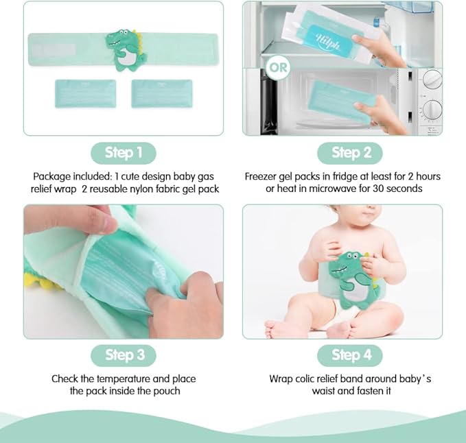 Hilph Baby Colic, Gas and Upset Stomach Relief, Heated Warmer Tummy Wrap with 2 Gel Packs for Newborns and Infants, Baby Heating Pad Swaddling Belt Natural Relief (Green Dinosaur)