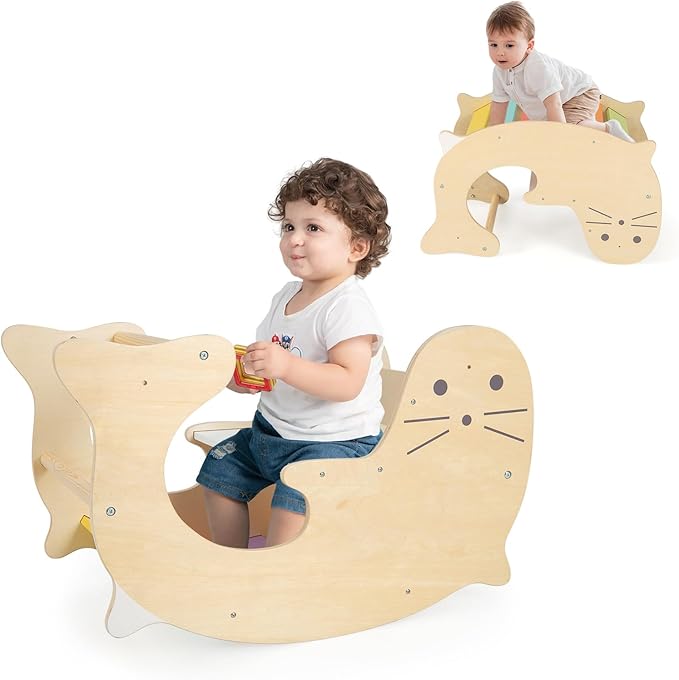 Olakids Climbing Arch for Toddlers, 3 in 1 Kids Wooden Rocking Horse Toy Climber Rocker Play Table, Baby Pikler Montessori Indoor Activity Climb Gym Playground Gift for Boys Girls