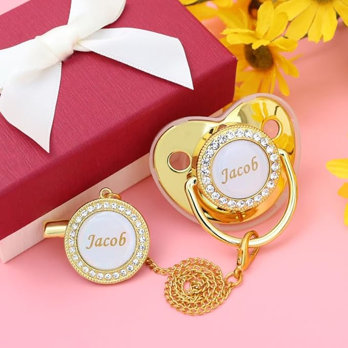 Personalized Pacifier with Name, Bling Gold Pacifier Clip Set Storage Box, Customized Glitter Crystal Luxurious Soother Ideal Gift for Boys Baby Shower Photography Newborn (Rose)