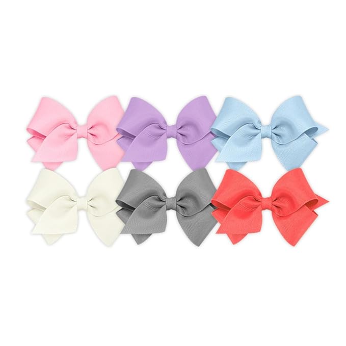 Wee Ones Girls' 6 Piece Set of Bows, Solid Grosgrain Variety Pack on a WeeStay No-Slip Hair Clip, Small, Pearl Pink, Light Orchid, Millennium Blue, Antique White, Gray, Watermelon