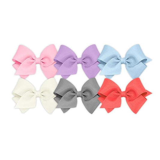 Wee Ones Girls' 6 Piece Set of Bows, Solid Grosgrain Variety Pack on a WeeStay No-Slip Hair Clip, Small, Pearl Pink, Light Orchid, Millennium Blue, Antique White, Gray, Watermelon