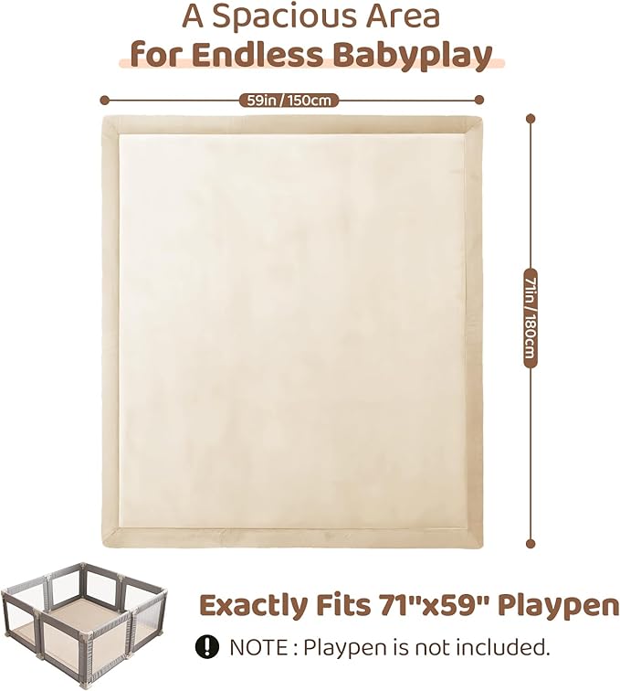 Baby Play Mat for Floor, 1.3 Inch Thick Memory Foam Tummy Time Mat with Non Slip Backing, Soft Coral Velvet 59X71 Inch Playpen Mat Crawling Tatami for Infants Toddlers Kids, Beige