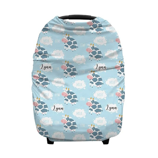 Personalized Cute Cow and Milk Baby Car Seat Covers with Name, Custom Nursing Cover Breastfeeding for Babies, Carseat Canopy for Boys and Girls, Infant Stroller Cover, Breathable Carseats Cover