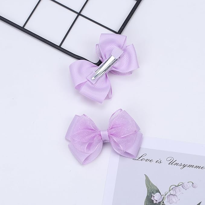 Tiny 3 Inch Organza Double Hair Bow Clips - Lined Boutique Alligator Hairpin for Baby Girls, Toddlers, and Little Teens - Kids Barrettes Set of 2 Small Stylish (Light Purple)