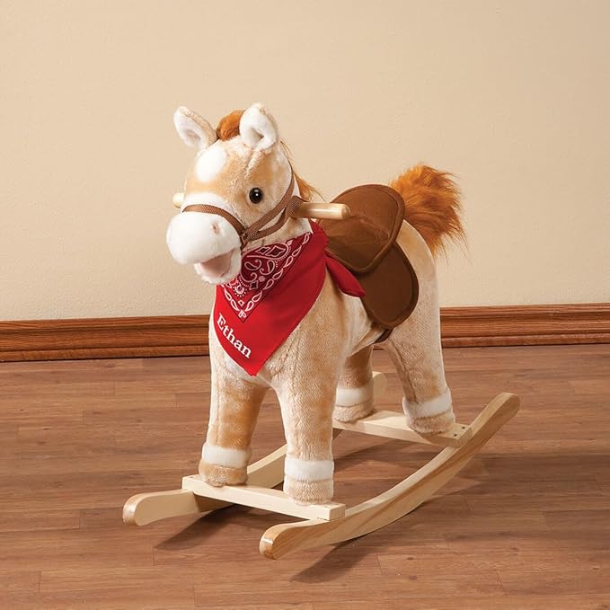 Custom Animated Rocking Horse – Soft Plush Ride-On Pony with Sounds, Movable Mouth & Tail – Includes Custom Bandana – 25" Wooden Base