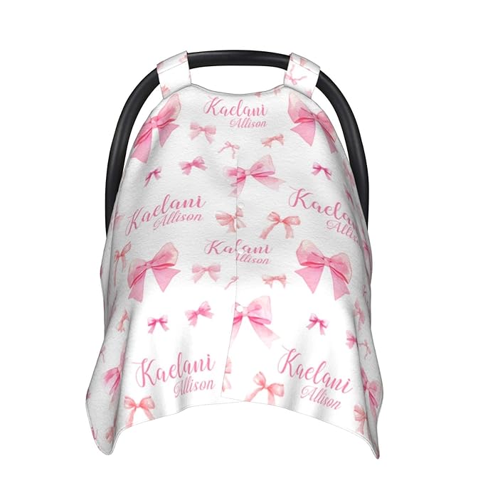 Personalized Baby Car Seat Canopy for Babies, Custom Name Pink Bow Baby Car Seat Covers for Girls, Opening Minky Nursing Breastfeeding Cover for Infant, Carseat Canopies for Newborn