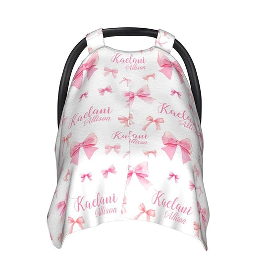 Personalized Baby Car Seat Canopy for Babies, Custom Name Pink Bow Baby Car Seat Covers for Girls, Opening Minky Nursing Breastfeeding Cover for Infant, Carseat Canopies for Newborn