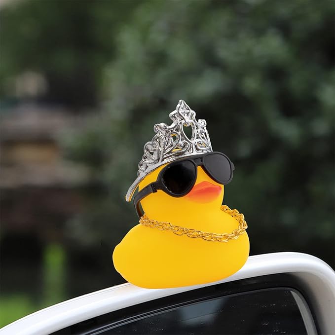 wonuu Car Duck Rubber Duck Car Ornaments Duck Car Dashboard Decorations with Cute Headband Swim Ring Necklace Sunglasses, C-Male Crown&Gold Chain
