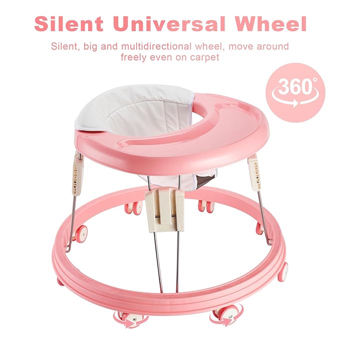 Adjustable Baby Walkers for Baby with Easy Clean Tray, Universal Wheeled Walker, Anti-Rollover Folding Walker for Girls Boys 6-18Months Toddler (Pink)
