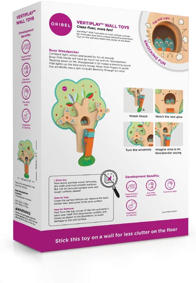 ORIBEL VertiPlay (Wall Toy) Busy Woodpecker, Wooden Toy and Nursery Room Decor | Easy to Install, Just Stick & Play!