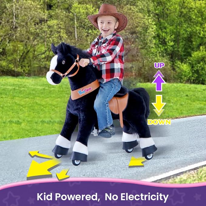 PonyCycle Ride on Toys Kids Riding Horse Ride-on Rocking Horse Pony Cycle for Toddlers Walking Animal Unicorn Toys Birthday Gifts Black Horse Size 4 for Age 4-8 Ux426