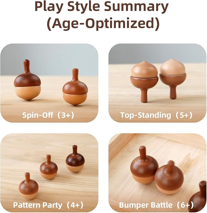 Wooden Spinning Tops Montessori Toy | 3 Pcs Handcrafted Tops for Kids 3+, Smooth & Safe, Gift-Ready | DadCarved