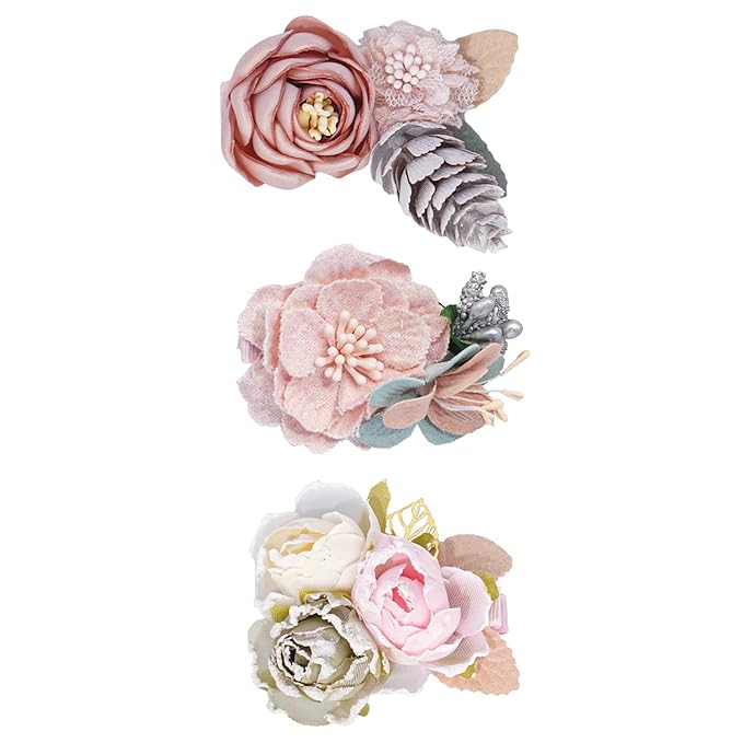 3pcs Girls Flower Hair Clips, Floral Hair Barrettes w/Boutique Fully Lined Alligator, Hair Bows for Baby Newborn Toddler
