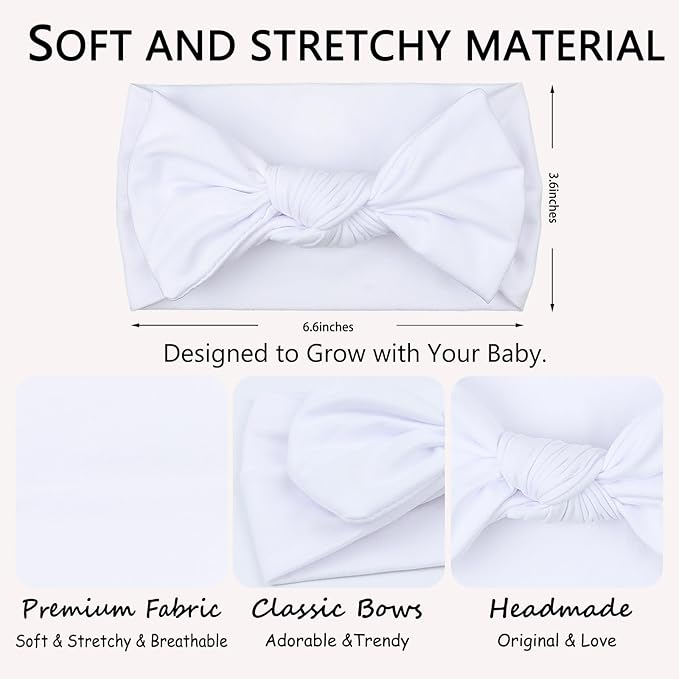 LemonSpce Handmade Baby Head wrip with Bows Stretchy Soft Infant Comfortable Baby Bow for Newborn girls and boys,Toddler-Trendy Designs Classic colors Hair Accessories(White)