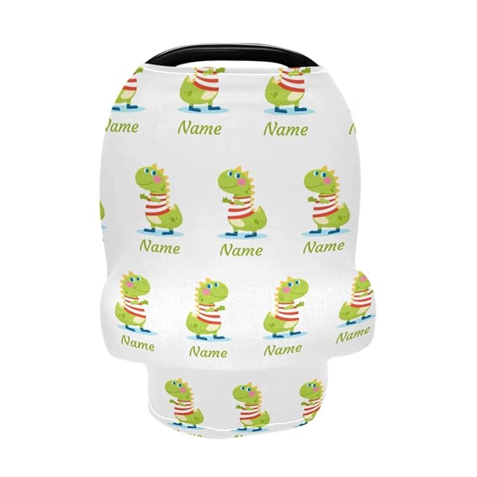 Personalized Cartoon Dinosaur Baby Car Seat Covers for Boys, Custom Carseat Canopy with Name, Nursing Cover Breastfeeding Scarf for Babies, Gift for Infant Newborn, Multiuse Stroller Cover