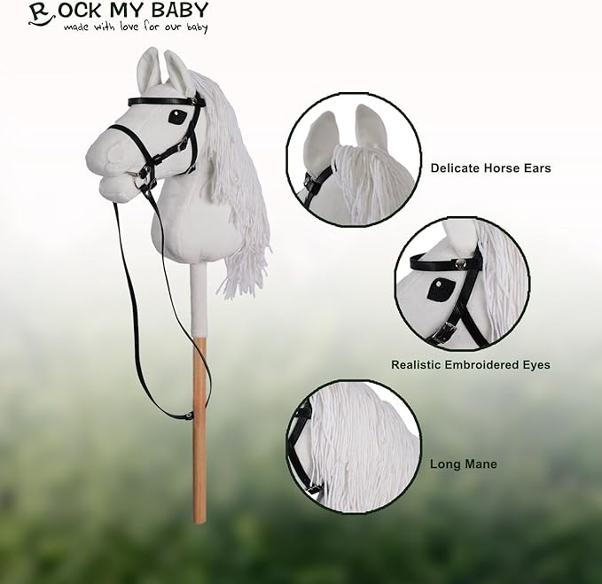 ROCK MY BABY Hobby Horse with a Detachable Bridle Plush Handmade Stick Horse with Removable Rosette Ribbon for Kids 3+ Years Old (White)