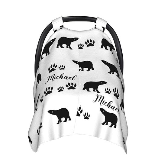 Personalized Bear and Paw Baby Infant Car Seats Canopy for Babies with Name, Custom Multi-use Blankets for Baby Boys Girls, Peekaboo Minky Nursing Breastfeeding Stroller Cover Canopies for Newborn
