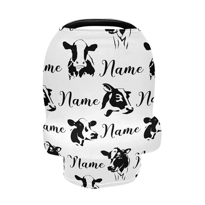 Personalized Name Baby Car Seat Cover for Boys, Customized Cow Printed Stroller Canopy, Multiuse Nursing Covers, Farm Theme Infant Carrier Cover, Breastfeeding Scarf, Gift for Newborn Boy Girl