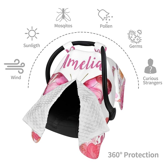 Personalised Butterfly Baby Car Seat Cover for Girls, Customized Carseat Covers with Name for Infant, Windproof Sun Protection Baby Carseat Canopy, Multi-use Nursing Breastfeeding Covers