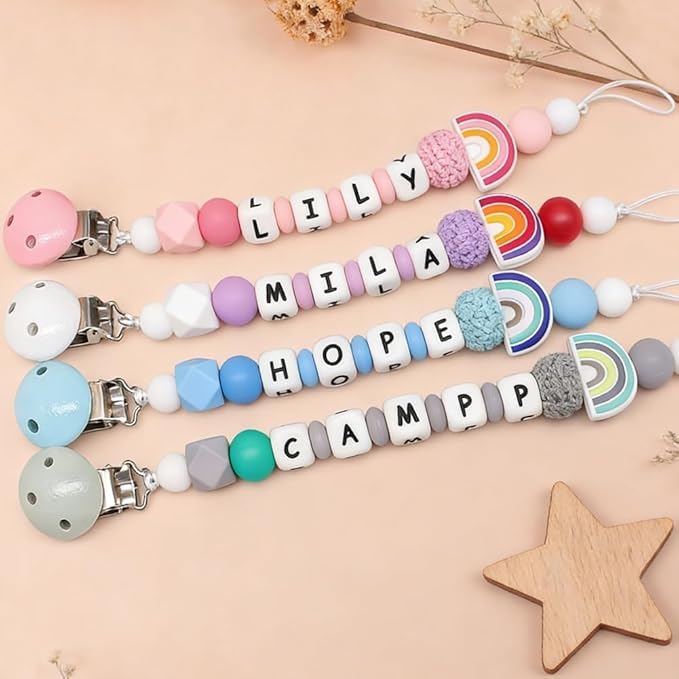 Personalized Pacifier Clip with Name, Custom Rainbow Silicone Binky Holder for Baby Girls & Boys