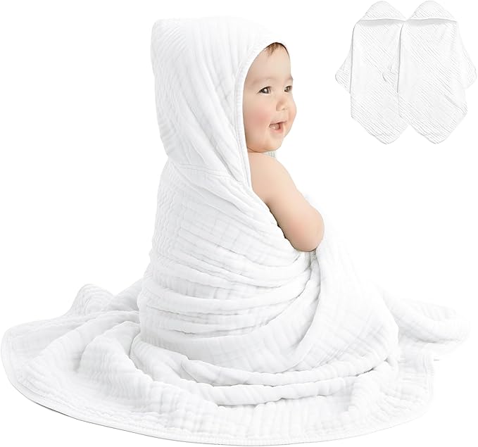 david's kids 2 Pack Hooded Baby Towels, 100% Muslin Cotton 6-Layer Ultra Soft Breathable Absorbent Baby Bath Towels for Infant and Toddler, Newborn Essentials, Large 32x32Inch, White