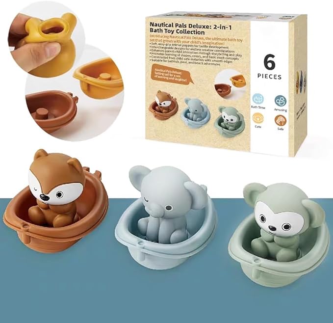Baby Bath Toy Stackable Infant Bathtub Toys Stacking Floating Boat Train with Animal Finger Puppets Bath Toy Silicone Hand Puppet Educational Beach Toys for Babies Toddlers Party Favors